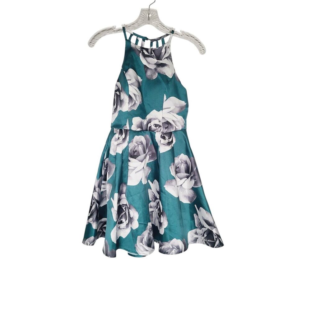 Xtraordinary Juniors Green Cocktail Holiday Dress Floral Halter Pockets Sz 3